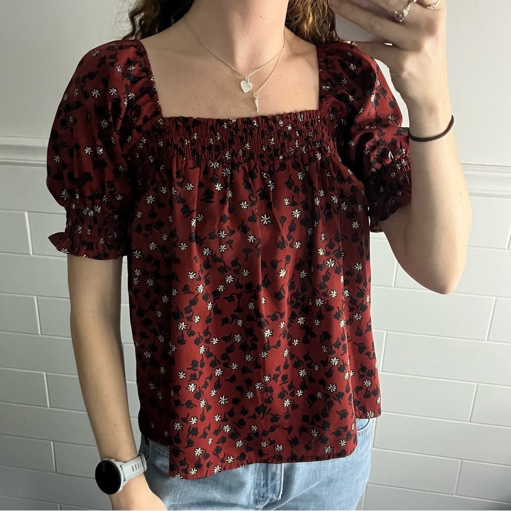 Dark Orange Square Neck Floral Blouse